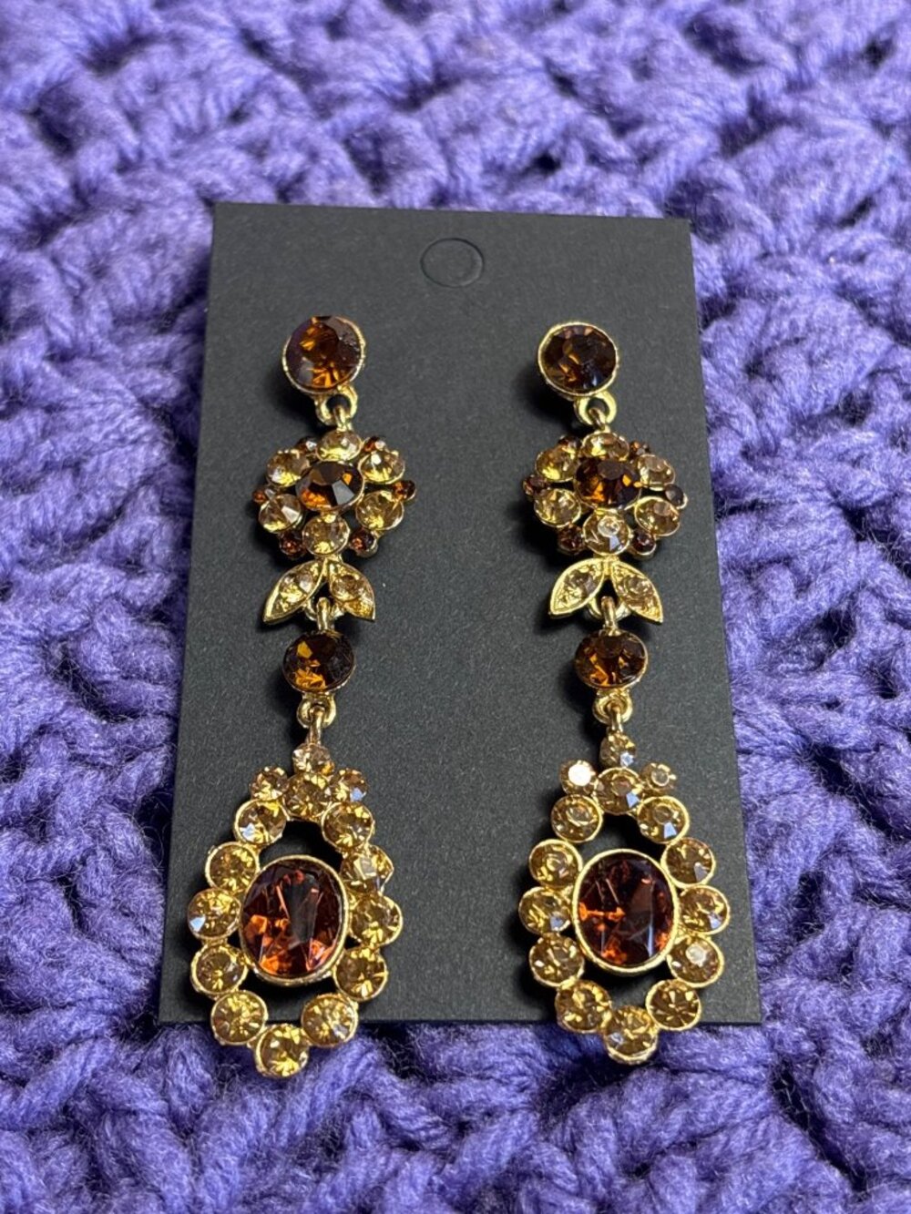 Floral Rhinestone Dangle Earrings Brown Yellow Goldtone Statement Whimsy Fairy